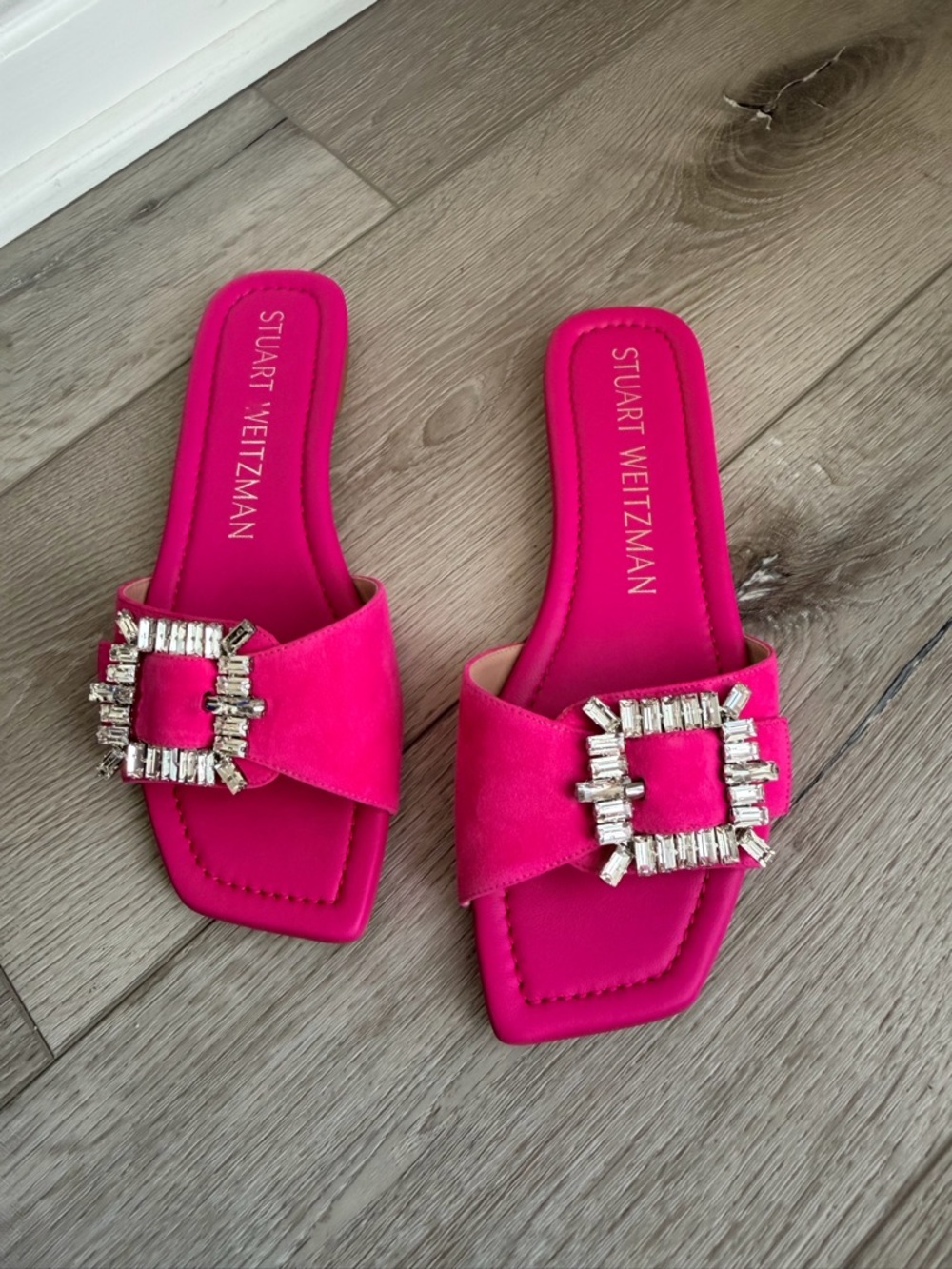 Stuart Weitzman Fuchsia Jeweled Square-Toe Slide Mules size 7